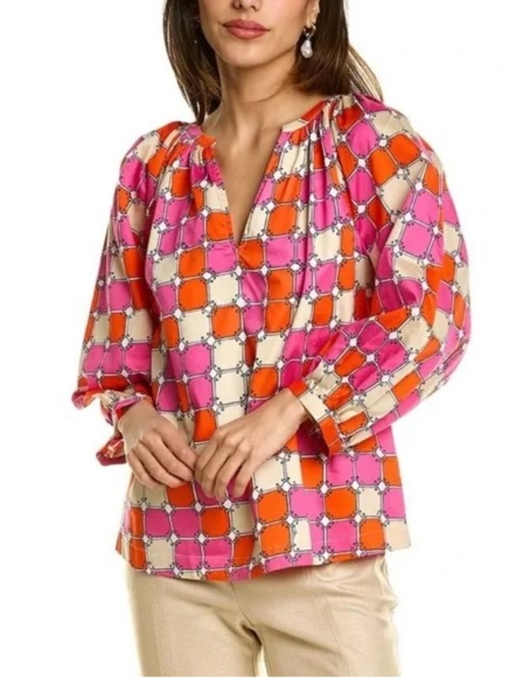 Trina Turk Pink & Red Geometric Organic Cotton Nautical Peasant Blouse Size S - Picture 8 of 8
